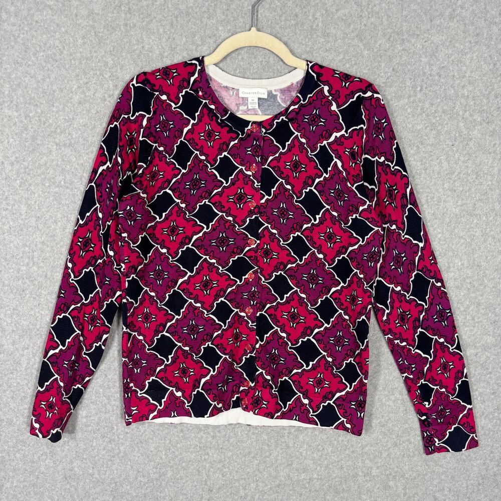 Charter Club Cardigan Sweater Womens Medium Pink Medallion Button Southern Thin